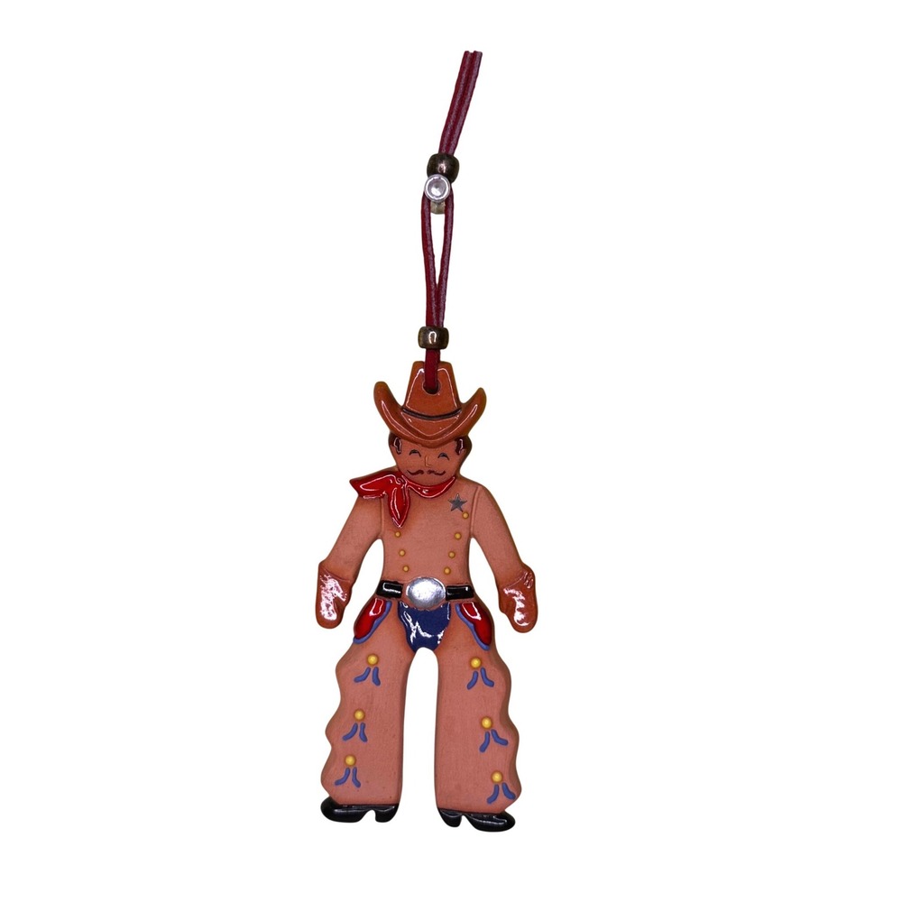 Vintage Cowboy Ornament Western Sheriff Figure Hand Painted Brown Red Blue